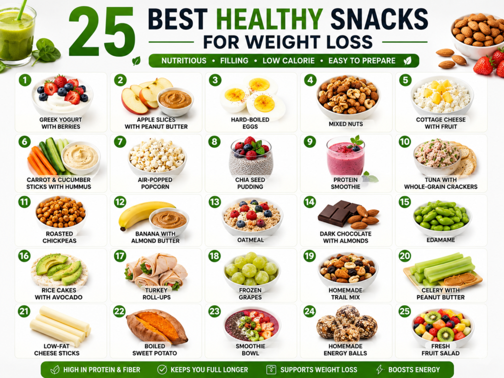 25 healthy snacks for weight loss with nutritious low-calorie foods.