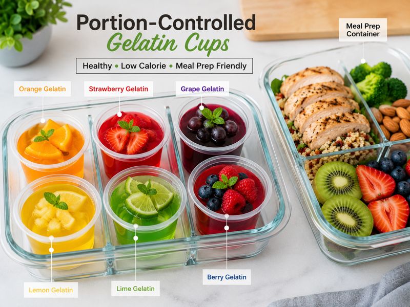 Different types of healthy gelatin weight loss recipes in colorful dessert bowls