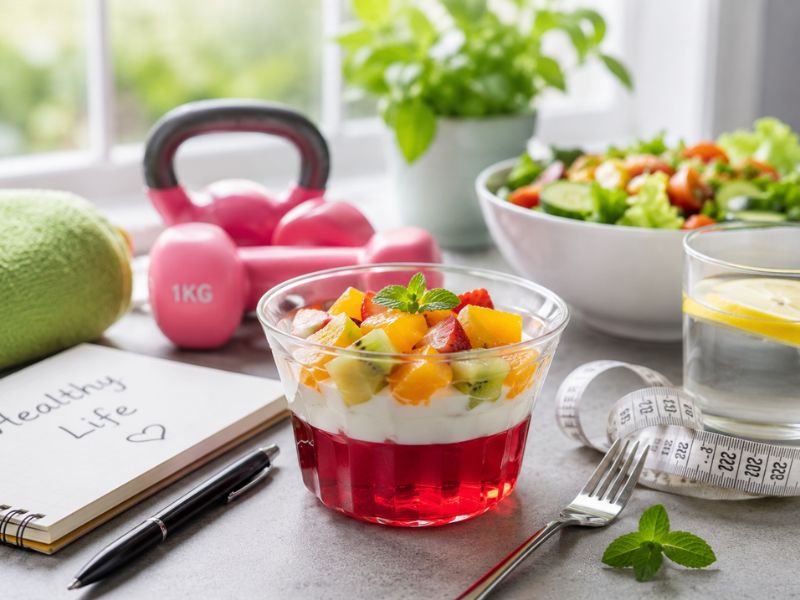 Healthy lifestyle concept with light gelatin dessert, fitness equipment, and weight management essentials