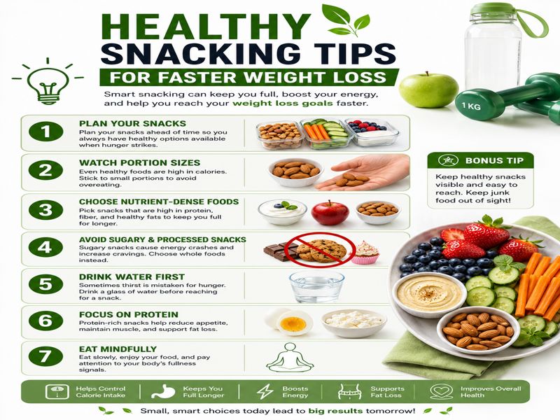 Healthy snacking tips for faster weight loss with nutritious low-calorie snacks.