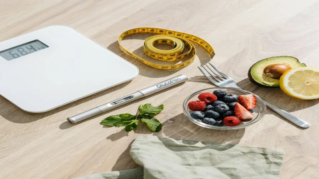 peptide for weight loss concept with measuring tape and injection pen