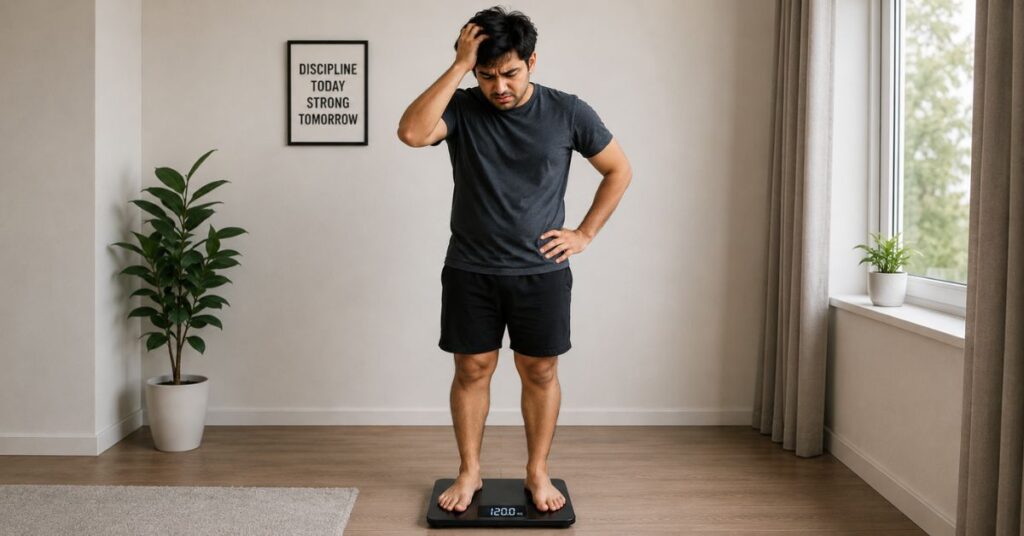 Person experiencing weight loss plateau while checking scale