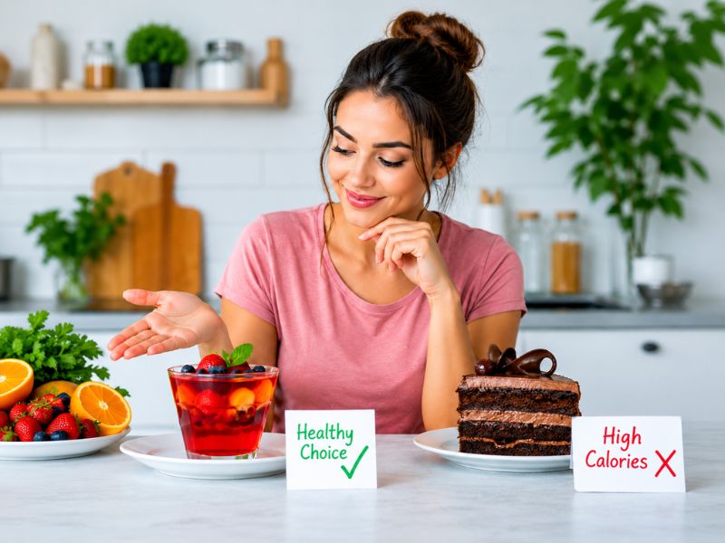 Person choosing a healthy gelatin snack instead of a high-calorie dessert