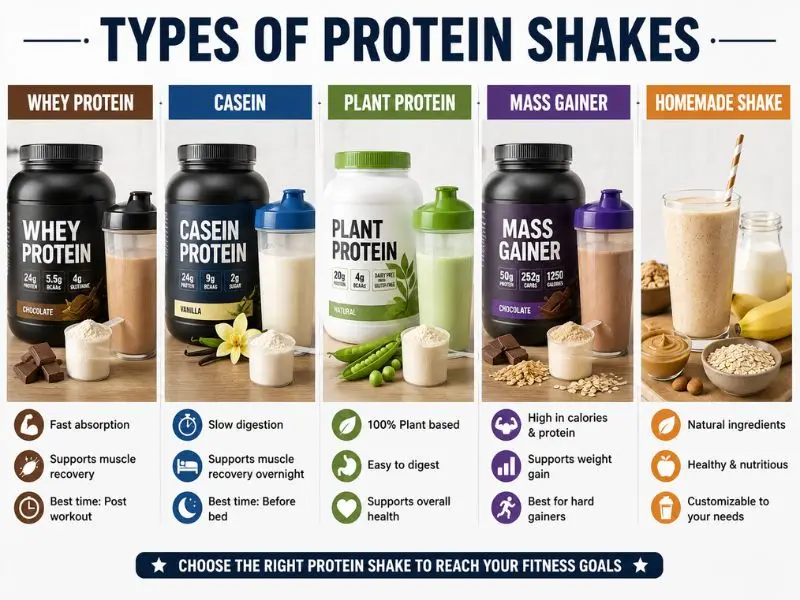 Different types of protein shake muscle gain options including whey, casein, plant-based, and homemade shakes