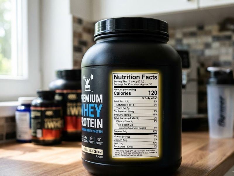Nutrition label showing high protein low calorie protein powder