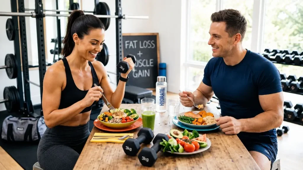 Diet to lose fat and gain muscle with healthy foods and strength training