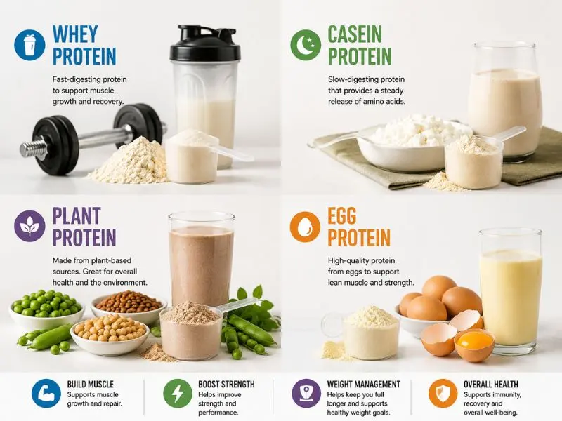 Different types of protein for muscle gain including whey, casein, egg, and plant protein