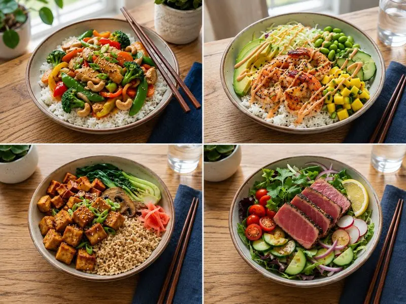 Healthy high protein meals including chicken, shrimp, tuna, and tofu