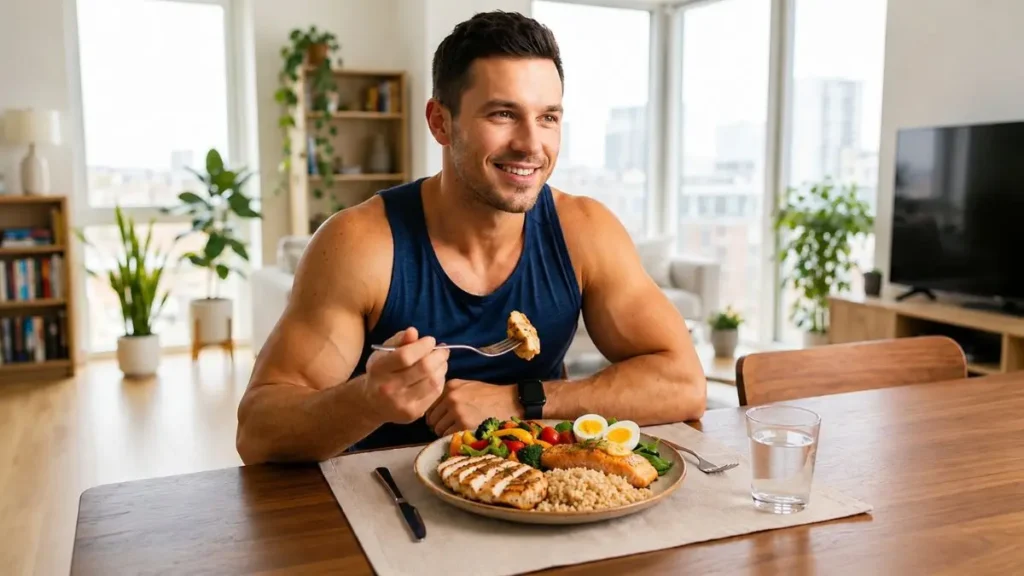 High protein meals for muscle gain with chicken, salmon, eggs, and healthy foods
