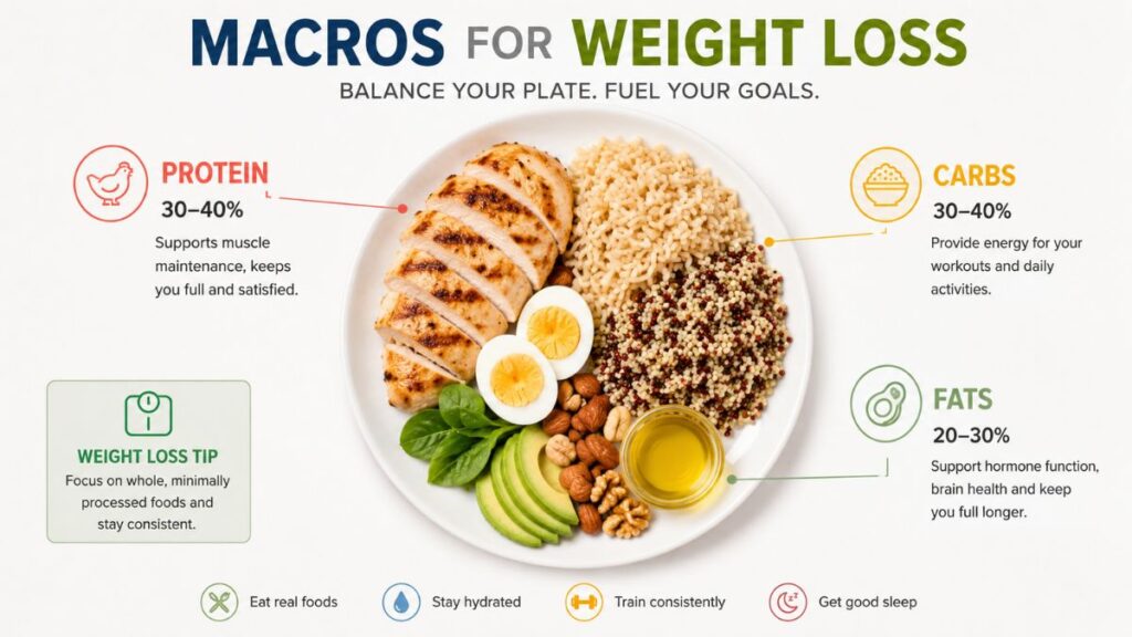 Macros for weight loss showing protein carbs and fats in a balanced meal