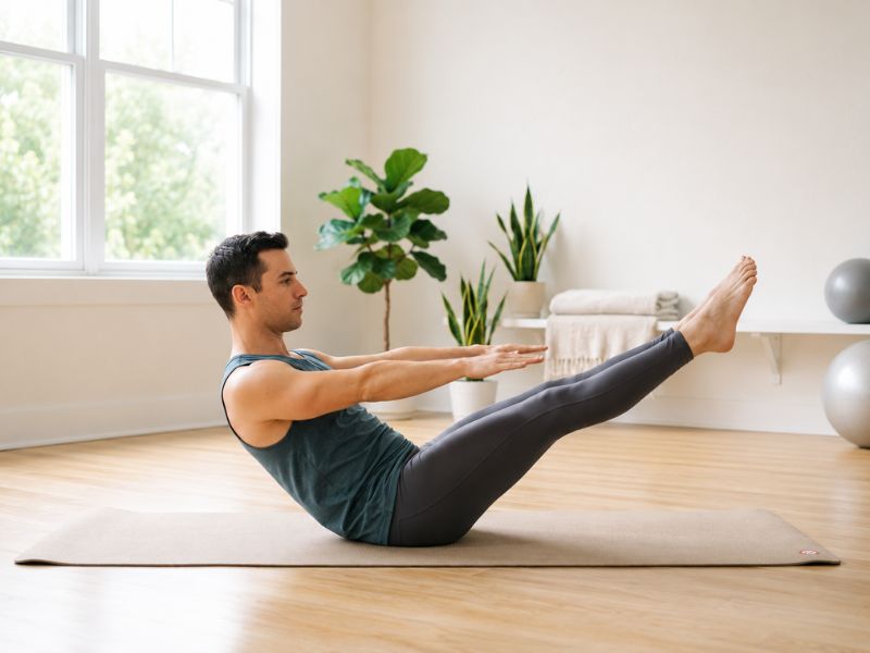 Beginner practicing mat Pilates exercise