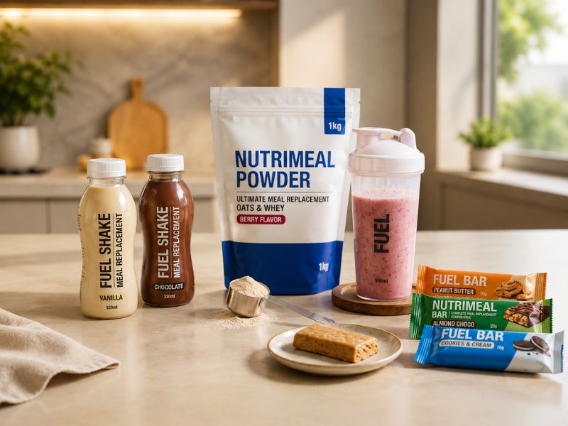 Different types of meal replacements including shakes powders and bars
