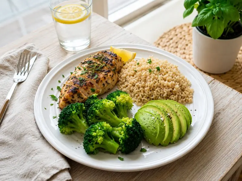 Balanced high protein meal for muscle gain with chicken breast, brown rice, and vegetables