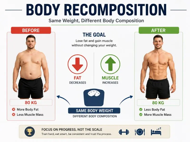body recomposition showing fat loss and muscle gain