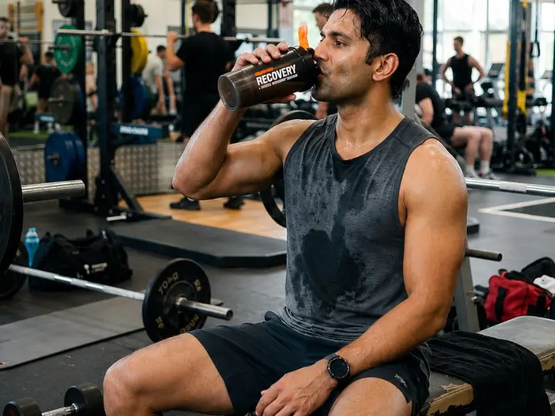 Person drinking a protein shake muscle gain drink after strength training