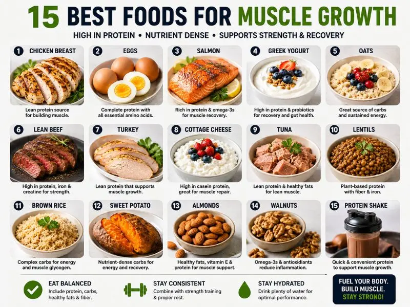 15 best foods for muscle growth including chicken eggs salmon yogurt and oats