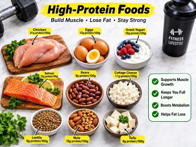 High protein foods including chicken eggs fish and Greek yogurt