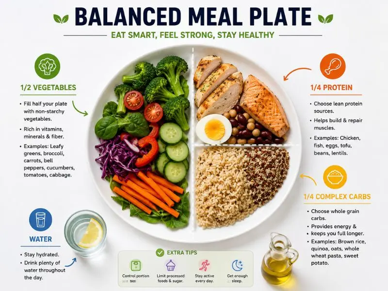 Balanced meal with protein carbohydrates vegetables and healthy fats