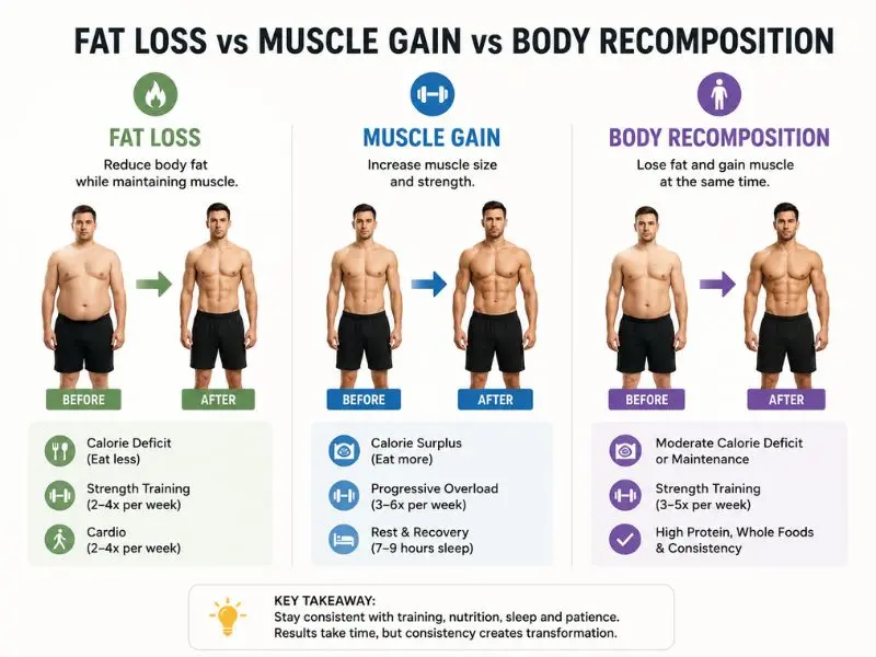 Fat loss muscle gain and body recomposition comparison