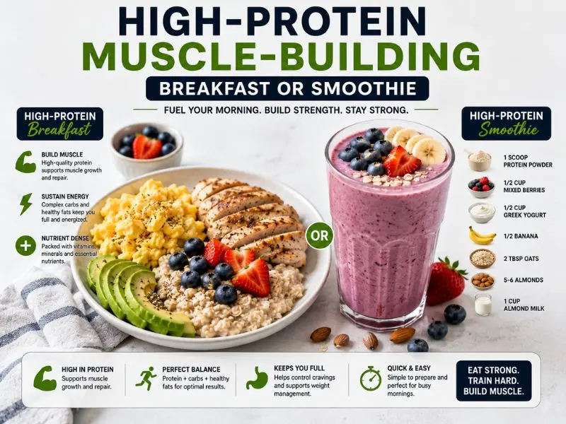 High protein breakfast with milk oats fruit and yogurt for muscle growth