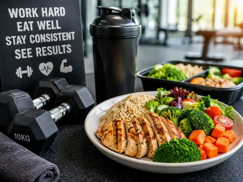 Healthy foods and resistance training supporting muscle growth and recovery