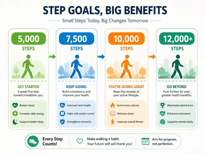 comparison of daily step goals from 5,000 to 12,000 steps