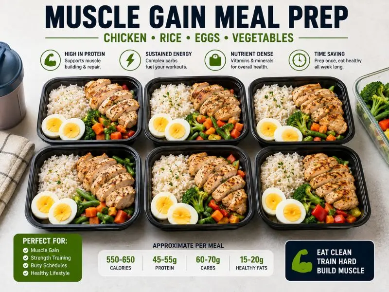 Muscle gain meal prep with chicken rice eggs and vegetables