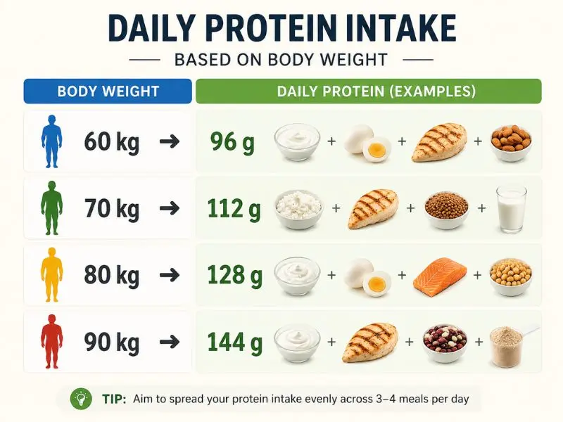 Daily protein intake examples based on body weight for muscle gain