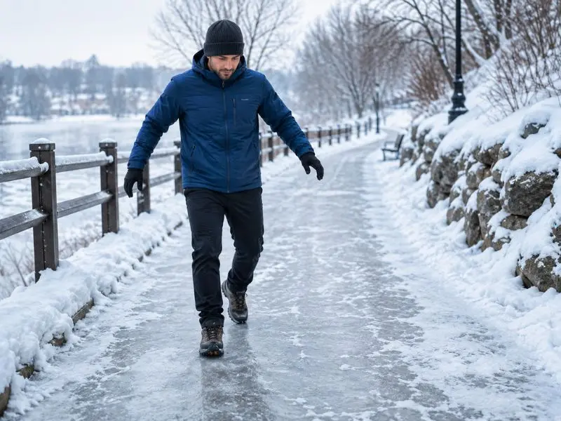Cold weather walking safety on an icy path