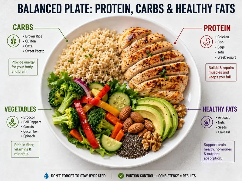Balanced plate with protein carbohydrates and healthy fats for muscle growth