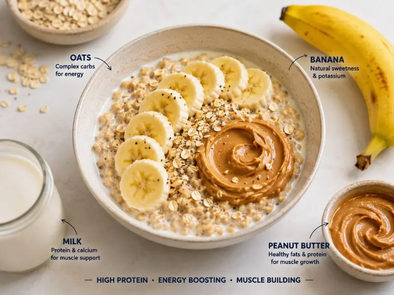 Oatmeal bowl with protein-rich foods for muscle gain