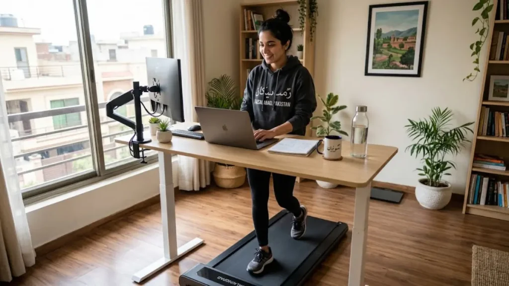 person using a walking pad with a standing desk