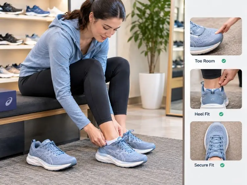Person checking the fit of walking shoes before purchase