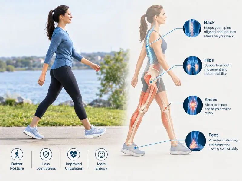 Walking footwear and body movement for back comfort
