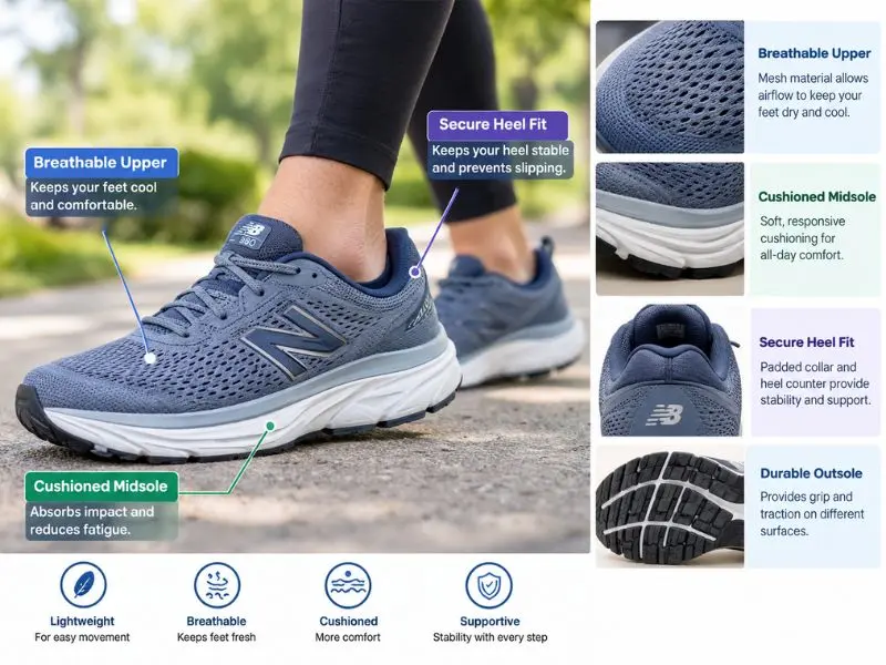 Important walking shoe features for seniors including cushioning and support