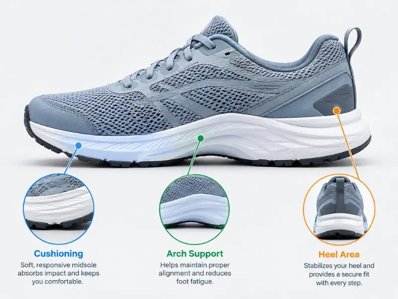 Walking shoe cushioning and arch support features