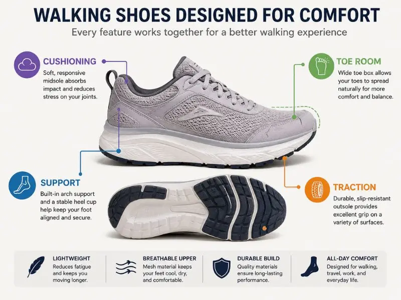 walking shoe features including cushioning support and traction